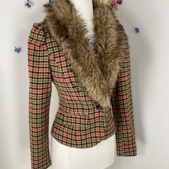 DEPT Plaid Wool Blazer Jacket With Faux Fur Collar Size Small - Picture 8 of 10